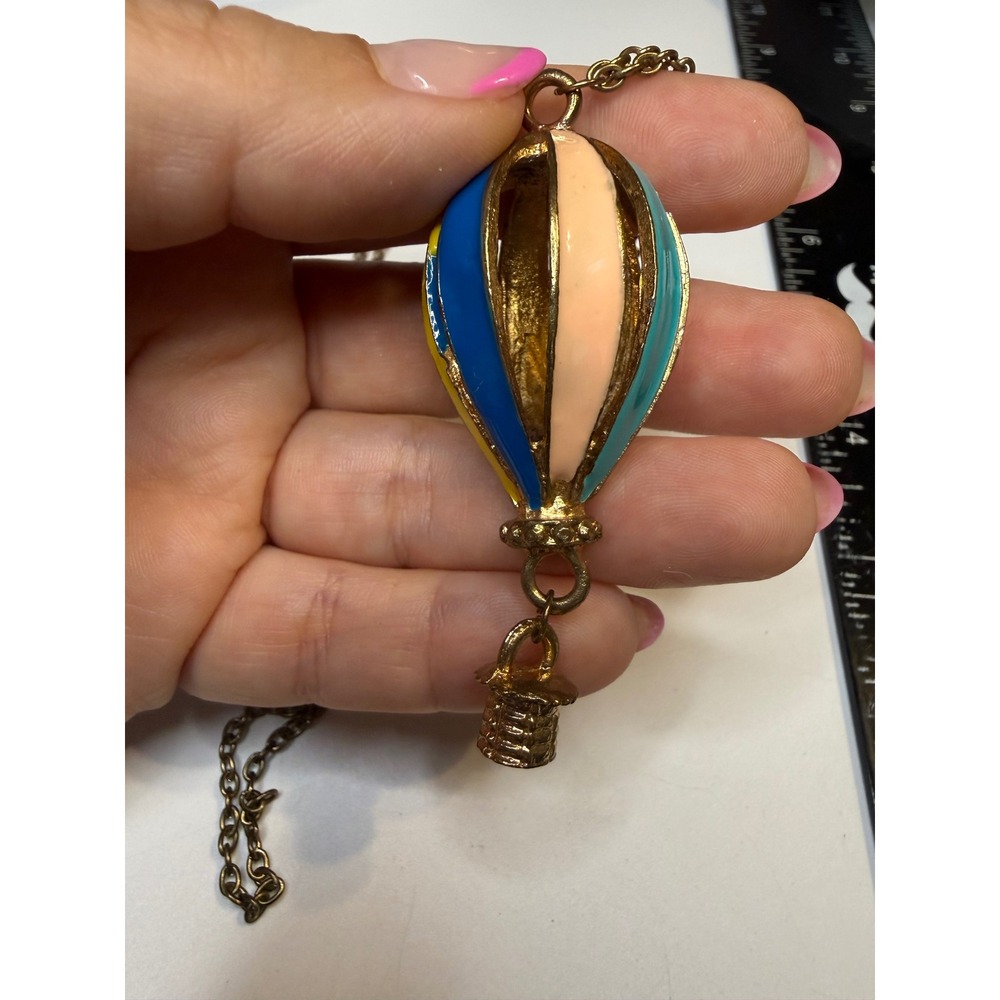 Gold Tone Multi Color Enamel Hot Air Balloon Pendant Necklace 18 Inch Chain